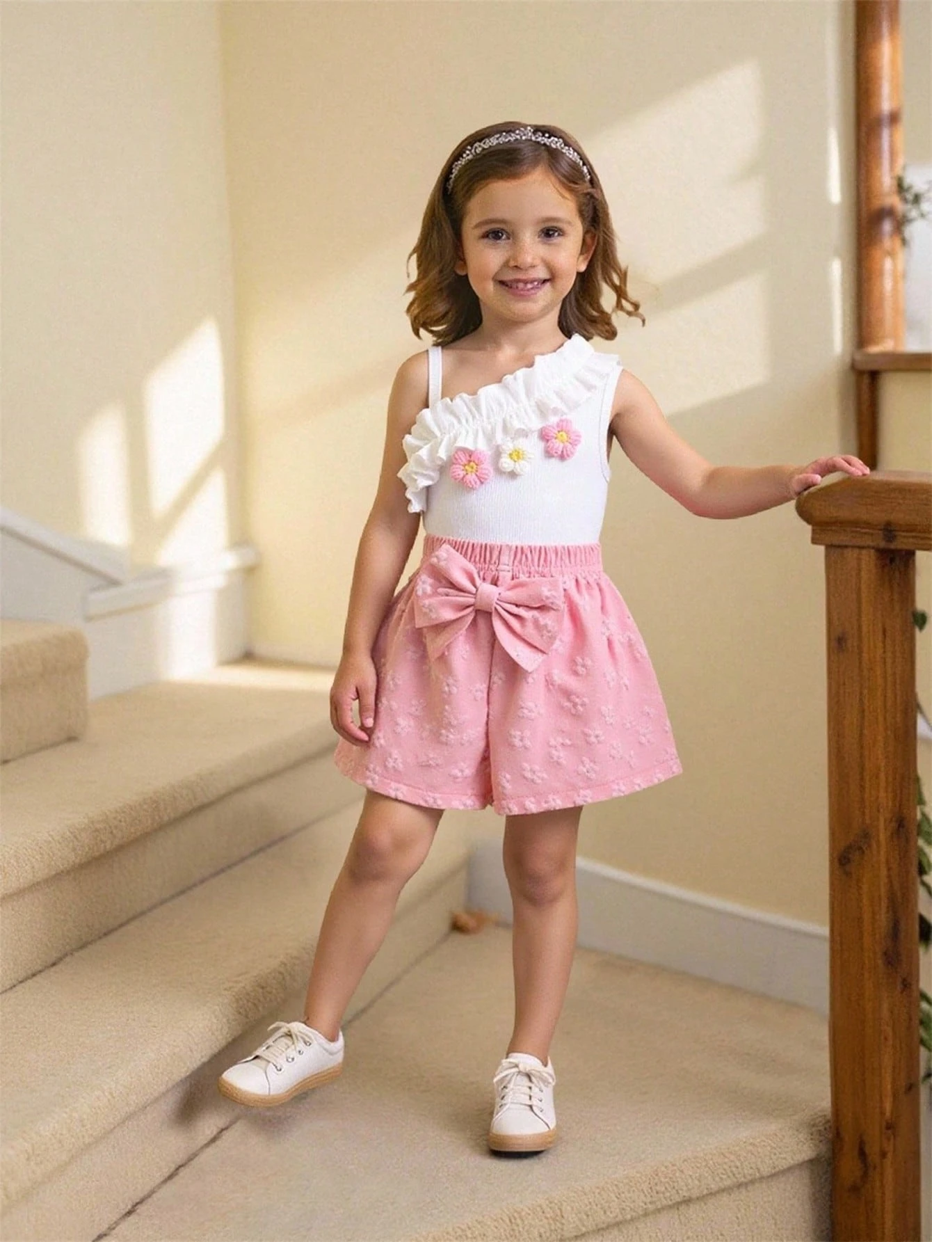 shein elladie kids ملابس صيفية كيوت للبنات الرضع من قطعتين، تتكون من ملابس علوية كتف واحد مزخرفة بالأزهار باللونين الوردي والأبيض، وشورت بخصر مطاطي، مناسبة لملابس عيد الميلاد 17