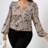 shein clasi بلوزة سيدة بطبعات زهرية أنيقة مقاسات كبيرة بياقة كشكشة وأكمام طويلة 2