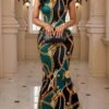 shein lady فستان حفلة أنيق ضيق الجسم بياقة مستديرة وأكمام قصيرة وذيل سمكة مطبوع بسلسلة