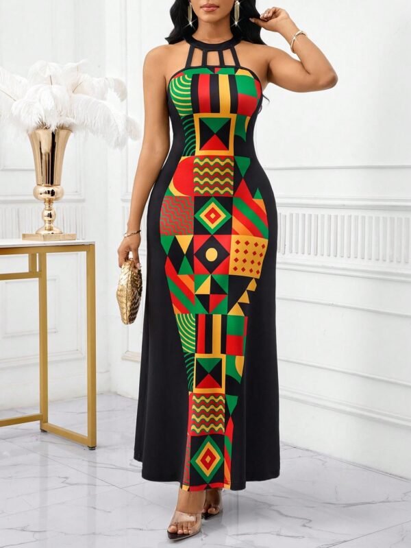 shein lady ثوب ماكسي طويل للنساء بصنع لكتف فولون مع تفريغ ملابس علوية الرقبة، ذو قصة خصر نحيف، قصة تنورة متدفقة ومطبوع بطبعة هندسية مرقعة shein lady ثوب ماكسي طويل للنساء بصنع لكتف فولون مع تفريغ ملابس علوية الرقبة، ذو قصة خصر نحيف، قصة تنورة متدفقة ومطبوع بطبعة هندسية مرقعة