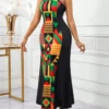 shein lady ثوب ماكسي طويل للنساء بصنع لكتف فولون مع تفريغ ملابس علوية الرقبة، ذو قصة خصر نحيف، قصة تنورة متدفقة ومطبوع بطبعة هندسية مرقعة 3
