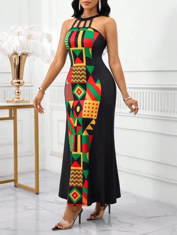 shein lady ثوب ماكسي طويل للنساء بصنع لكتف فولون مع تفريغ ملابس علوية الرقبة، ذو قصة خصر نحيف، قصة تنورة متدفقة ومطبوع بطبعة هندسية مرقعة 3