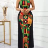 shein lady ثوب ماكسي طويل للنساء بصنع لكتف فولون مع تفريغ ملابس علوية الرقبة، ذو قصة خصر نحيف، قصة تنورة متدفقة ومطبوع بطبعة هندسية مرقعة 4