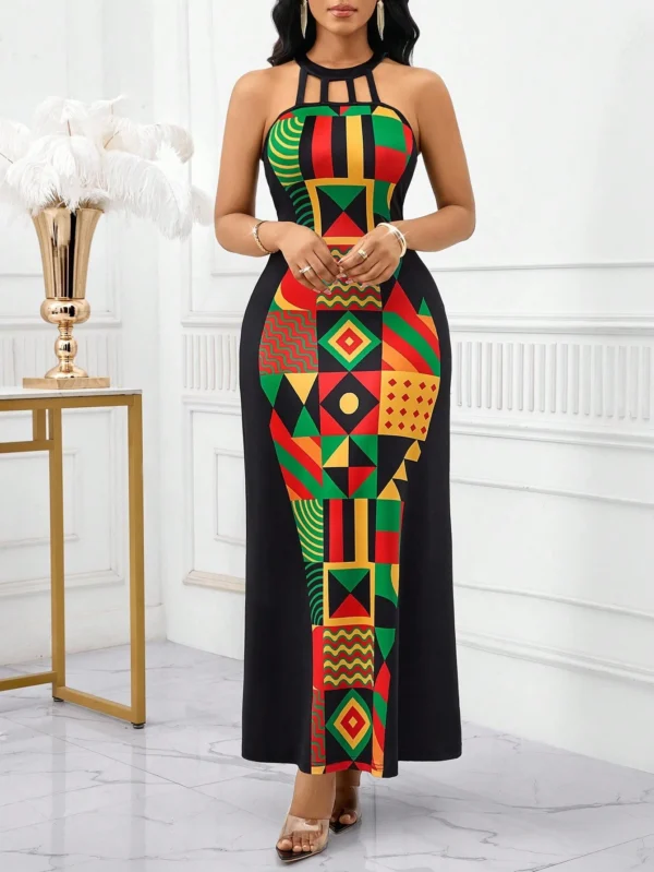 shein lady ثوب ماكسي طويل للنساء بصنع لكتف فولون مع تفريغ ملابس علوية الرقبة، ذو قصة خصر نحيف، قصة تنورة متدفقة ومطبوع بطبعة هندسية مرقعة 4