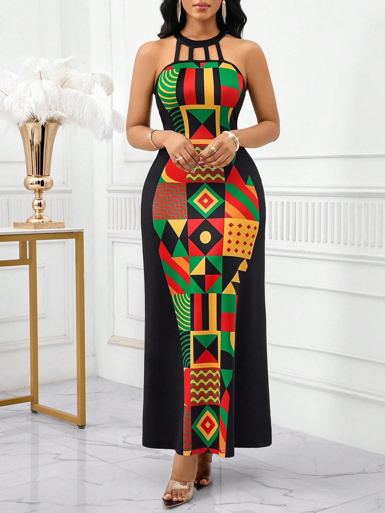 shein lady ثوب ماكسي طويل للنساء بصنع لكتف فولون مع تفريغ ملابس علوية الرقبة، ذو قصة خصر نحيف، قصة تنورة متدفقة ومطبوع بطبعة هندسية مرقعة 4
