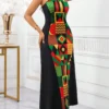 shein lady ثوب ماكسي طويل للنساء بصنع لكتف فولون مع تفريغ ملابس علوية الرقبة، ذو قصة خصر نحيف، قصة تنورة متدفقة ومطبوع بطبعة هندسية مرقعة 5