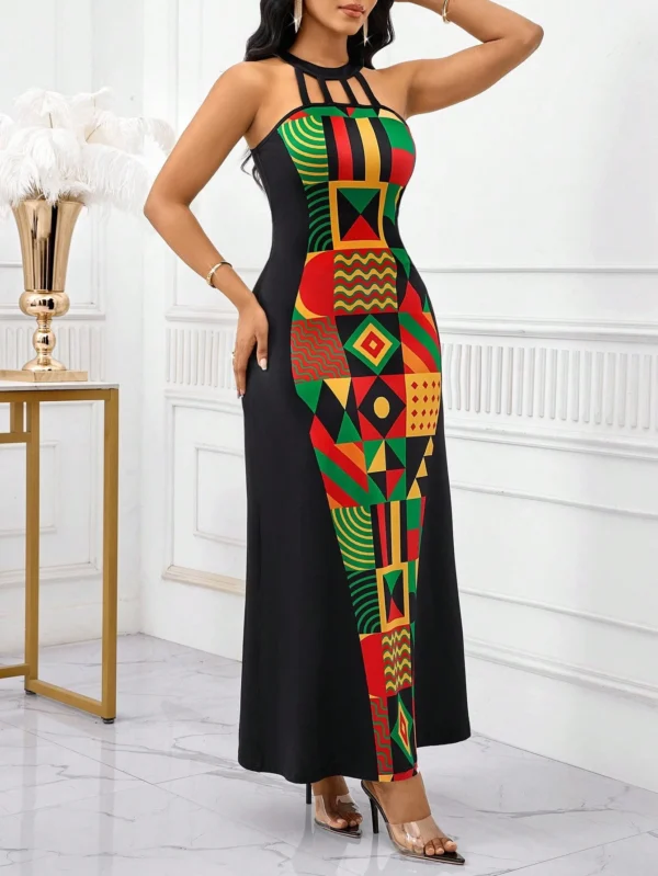 shein lady ثوب ماكسي طويل للنساء بصنع لكتف فولون مع تفريغ ملابس علوية الرقبة، ذو قصة خصر نحيف، قصة تنورة متدفقة ومطبوع بطبعة هندسية مرقعة 5