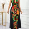 shein lady ثوب ماكسي طويل للنساء بصنع لكتف فولون مع تفريغ ملابس علوية الرقبة، ذو قصة خصر نحيف، قصة تنورة متدفقة ومطبوع بطبعة هندسية مرقعة 6