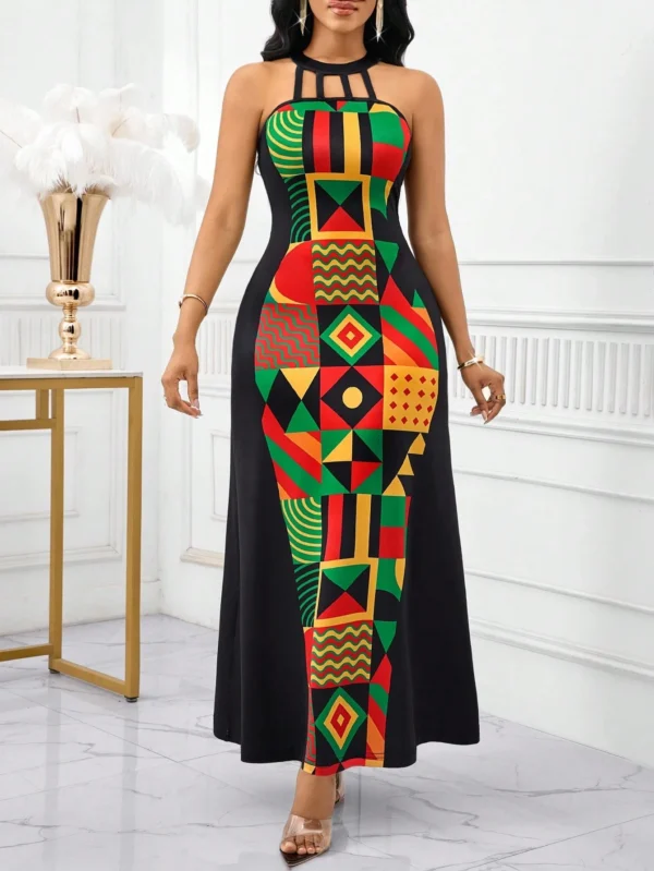 shein lady ثوب ماكسي طويل للنساء بصنع لكتف فولون مع تفريغ ملابس علوية الرقبة، ذو قصة خصر نحيف، قصة تنورة متدفقة ومطبوع بطبعة هندسية مرقعة 6