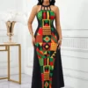 shein lady ثوب ماكسي طويل للنساء بصنع لكتف فولون مع تفريغ ملابس علوية الرقبة، ذو قصة خصر نحيف، قصة تنورة متدفقة ومطبوع بطبعة هندسية مرقعة 7
