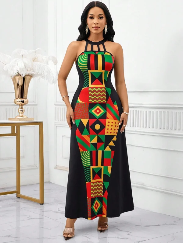 shein lady ثوب ماكسي طويل للنساء بصنع لكتف فولون مع تفريغ ملابس علوية الرقبة، ذو قصة خصر نحيف، قصة تنورة متدفقة ومطبوع بطبعة هندسية مرقعة 7