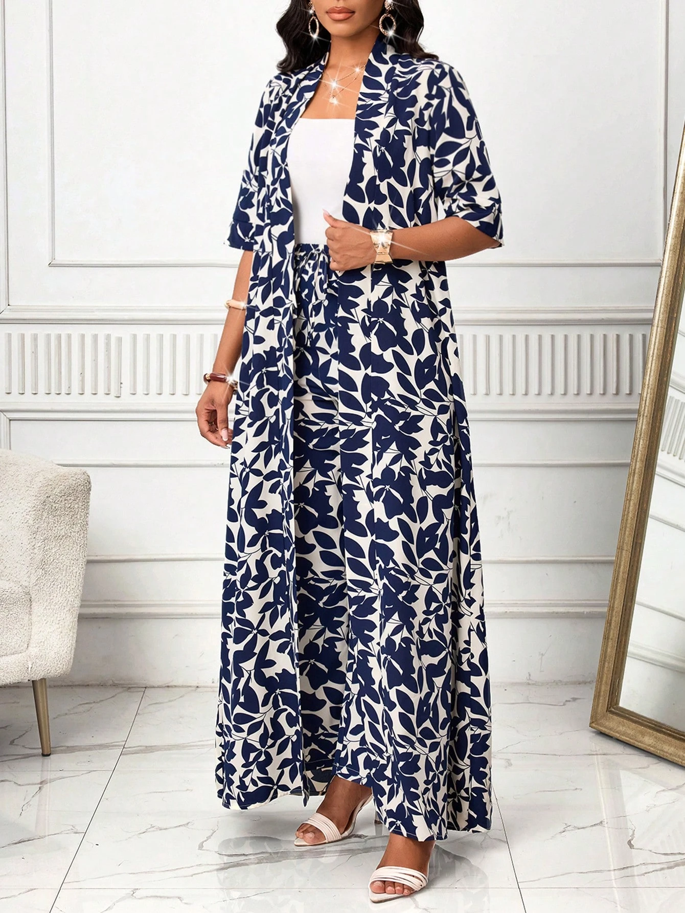shein lady مجموعة قطعتين من السراويل ذات الطبعة الفهد والبلوزة الأنيقة بأكمام طويلة ذات الطباعة الزهرية للنساء للأناقة في فصلي الخريف والشتاء، للأوقات الفراغية والإجازات 5