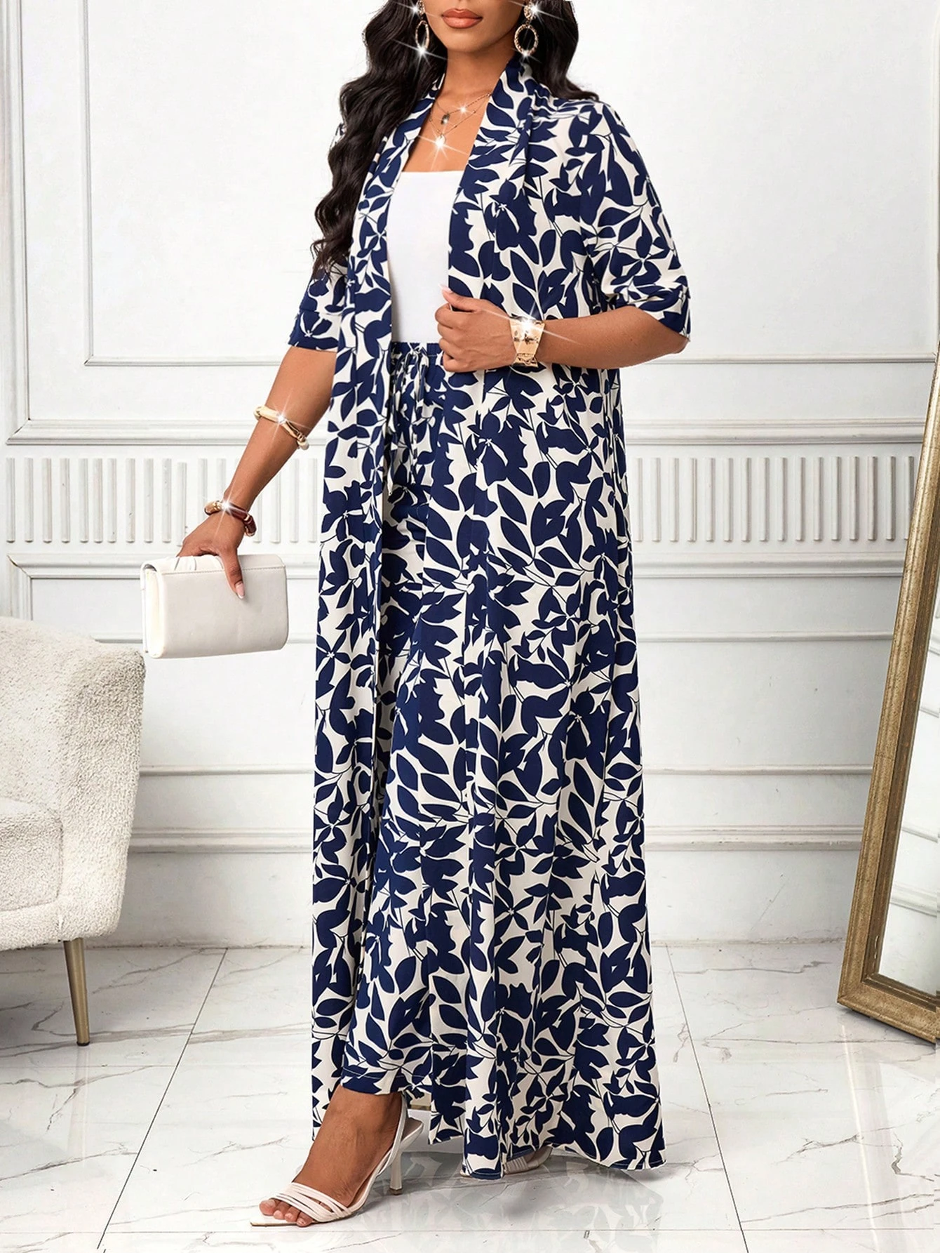 shein lady مجموعة قطعتين من السراويل ذات الطبعة الفهد والبلوزة الأنيقة بأكمام طويلة ذات الطباعة الزهرية للنساء للأناقة في فصلي الخريف والشتاء، للأوقات الفراغية والإجازات 7
