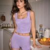 shein قطع سفلية للنوم للسيدات من التريكو المقلم بالدانتيل الكاجوال 3