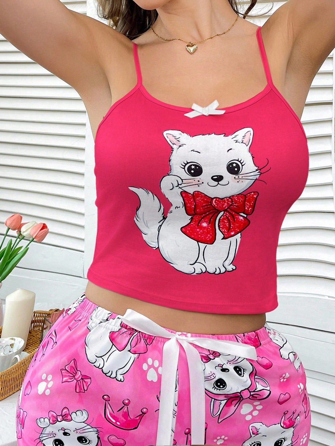 shein ملابس علوية قطة صغيرة بربطة إنس معلقة، ملابس نوم للنساء 4