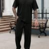 manfinity homme طقم قميص كاجوال قصير الأكمام مطبوع عليه حرف وبنطلون طويل بخصر رباط، بدلة رجالية صيفية قطعتين، بنطلون رياضي وطقم متناسق