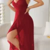 sofusen طقم ملابس داخلية مكون من قميص نوم بياقة على شكل حرف v بدون أكمام وسروال تنورة مع شريحة, طقم ملابس داخلية 5