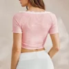 shein ملابس علوية نوم صيفية كاجوال قصيرة الأكمام مزينة بتريم من الدانتيل بألوان متباينة للنساء 2