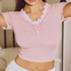 shein ملابس علوية نوم صيفية كاجوال قصيرة الأكمام مزينة بتريم من الدانتيل بألوان متباينة للنساء 5