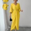 selianne فستان نسائي أنيق محبوك بمرونة عالية بأكمام خفاشية وياقة على شكل حرف v وتصميم ملتوي، متوسط الطول، ناعم، أصفر، صيفي للحفلات 8