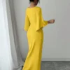 selianne فستان نسائي أنيق محبوك بمرونة عالية بأكمام خفاشية وياقة على شكل حرف v وتصميم ملتوي، متوسط الطول، ناعم، أصفر، صيفي للحفلات 10
