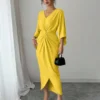 selianne فستان نسائي أنيق محبوك بمرونة عالية بأكمام خفاشية وياقة على شكل حرف v وتصميم ملتوي، متوسط الطول، ناعم، أصفر، صيفي للحفلات 11