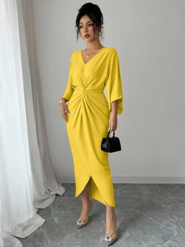 selianne فستان نسائي أنيق محبوك بمرونة عالية بأكمام خفاشية وياقة على شكل حرف v وتصميم ملتوي، متوسط الطول، ناعم، أصفر، صيفي للحفلات 11
