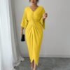 selianne فستان نسائي أنيق محبوك بمرونة عالية بأكمام خفاشية وياقة على شكل حرف v وتصميم ملتوي، متوسط الطول، ناعم، أصفر، صيفي للحفلات 12
