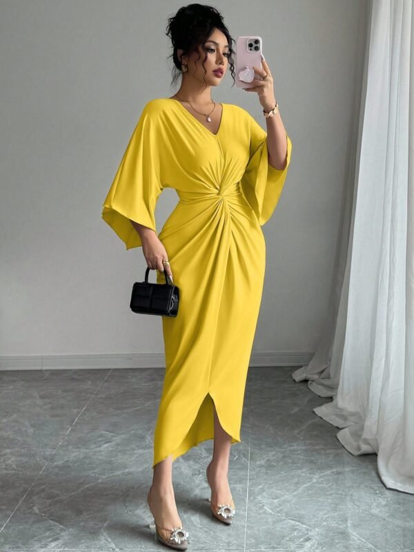 selianne فستان نسائي أنيق محبوك بمرونة عالية بأكمام خفاشية وياقة على شكل حرف v وتصميم ملتوي، متوسط الطول، ناعم، أصفر، صيفي للحفلات 13