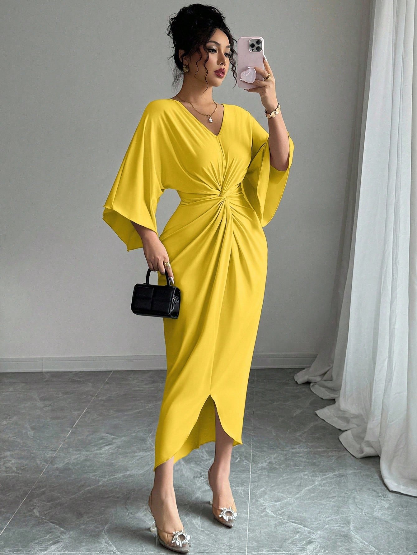 selianne فستان نسائي أنيق محبوك بمرونة عالية بأكمام خفاشية وياقة على شكل حرف v وتصميم ملتوي، متوسط الطول، ناعم، أصفر، صيفي للحفلات 13