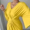 selianne فستان نسائي أنيق محبوك بمرونة عالية بأكمام خفاشية وياقة على شكل حرف v وتصميم ملتوي، متوسط الطول، ناعم، أصفر، صيفي للحفلات 14