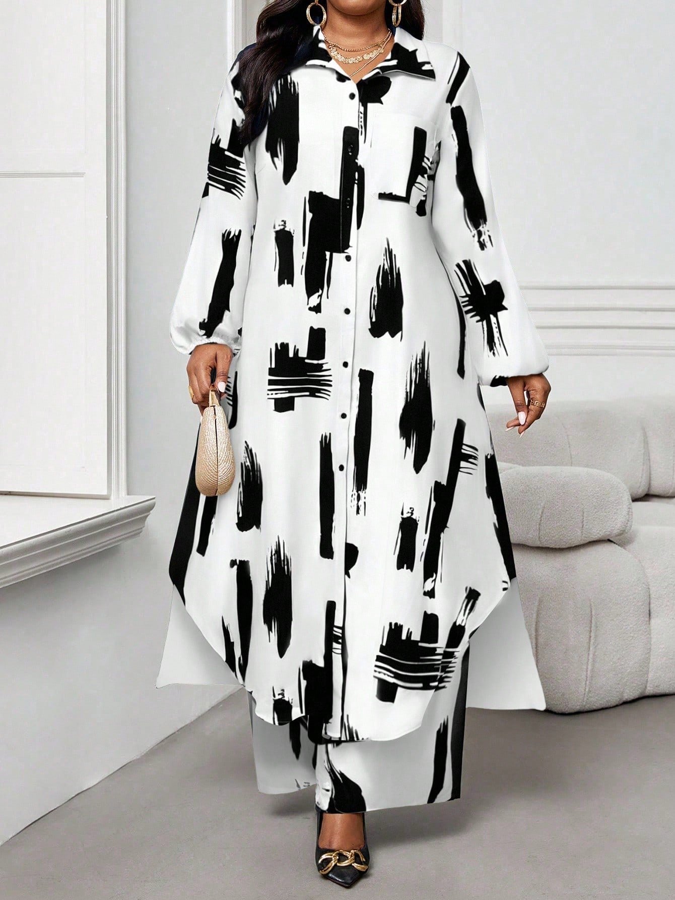 shein lady قميص كاجوال أنيق للربيع والصيف والخريف والشتاء، ياقة منسوجة، أكمام بيشوب، جيوب، أكمام طويلة، مقاسات كبيرة، بدلة أنيقة للمكتب والتنقل للربيع والصيف، ملابس صيفية للنساء، ملابس عطلة للنساء، بدلة صيفية مكونة من قطعتين 1