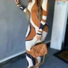 inawly فستان نسائي برقبة دائرية وطبعة خطوط مجردة و تصميم عصري ملائم وذات أكمام طويلة 4
