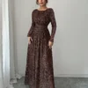 rafferiza فستان نسائي أنيق بطبعة نمر شبكي بياقة مستديرة وخصر مطوي وأكمام طويلة متسعة 9