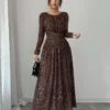 rafferiza فستان نسائي أنيق بطبعة نمر شبكي بياقة مستديرة وخصر مطوي وأكمام طويلة متسعة 11