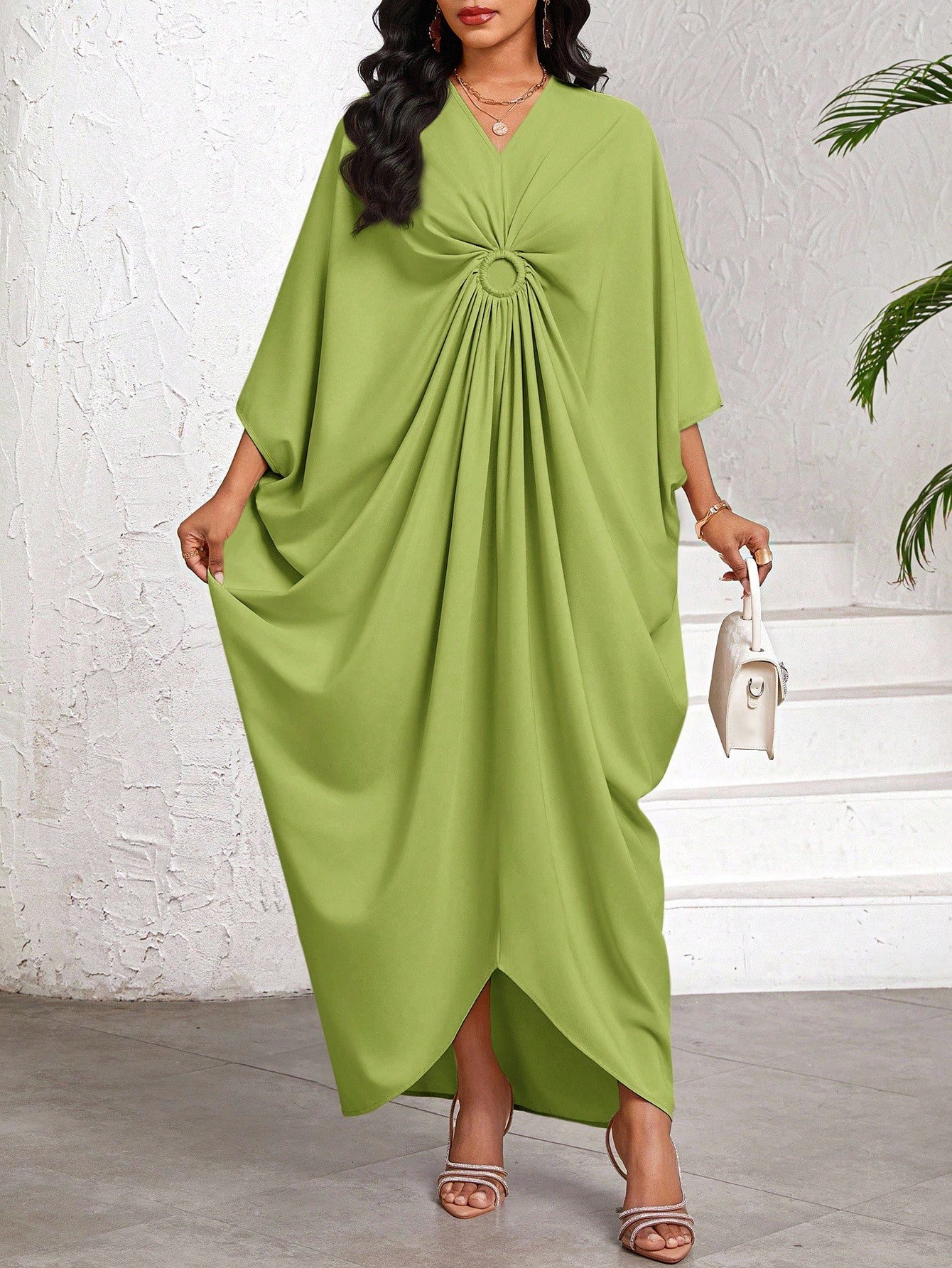 shein lady فستان نسائي كاجوال فضفاض بأكمام على شكل خفاش، لون أحادي، لإطلالات العطلات والرحلات، ملابس نسائية بوهيمية/بوهيمية/بوهو 13