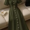 shein franclia فستان أنيق أكمام قصيرة ذو رقبة قلب، أمامي بأزرار، خصر ملتف 2