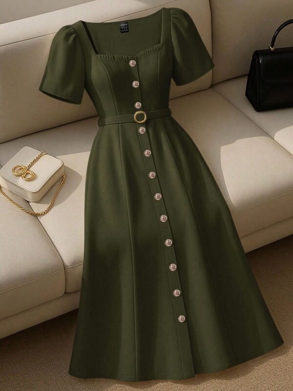 shein franclia فستان أنيق أكمام قصيرة ذو رقبة قلب، أمامي بأزرار، خصر ملتف 2