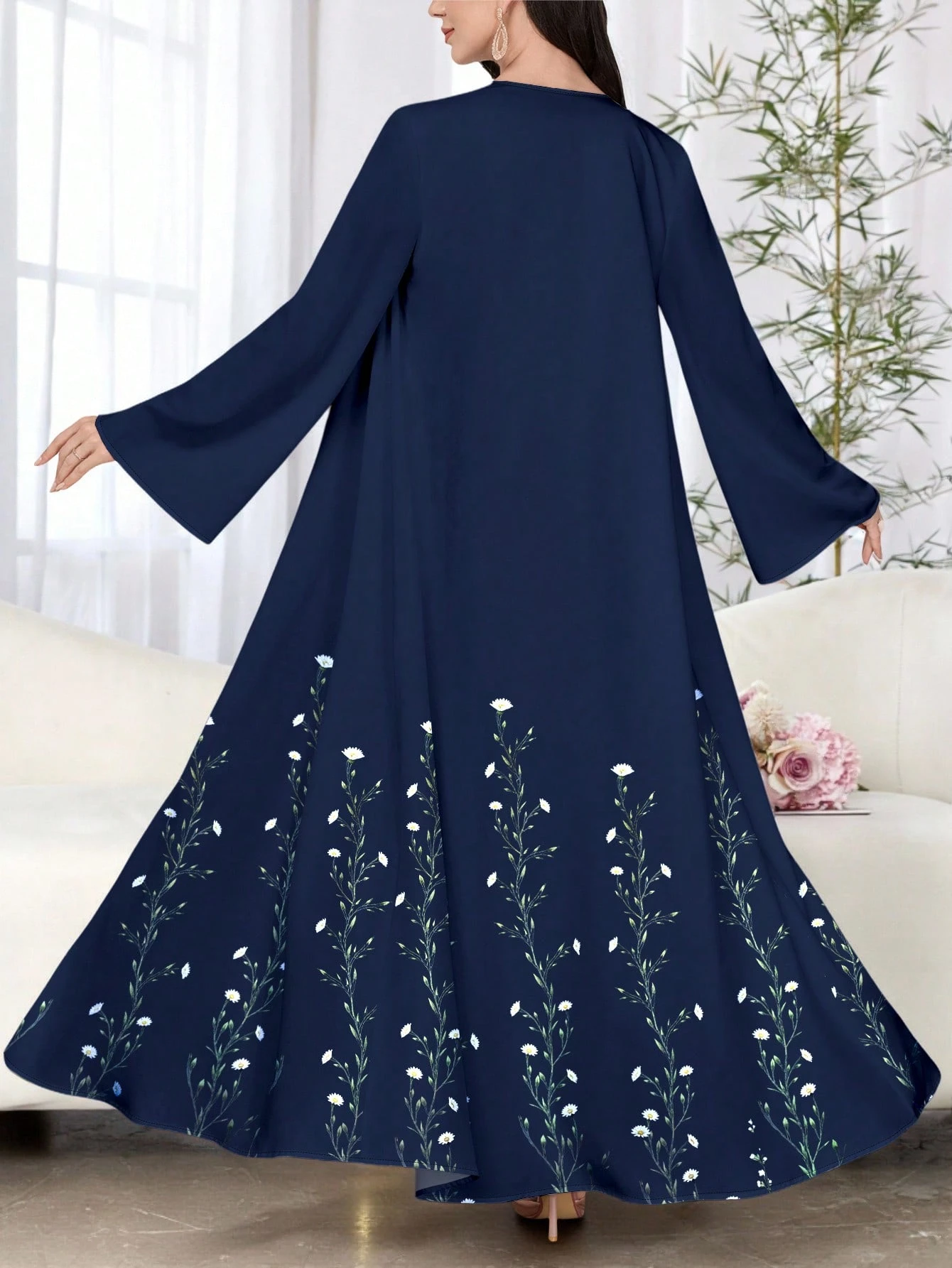 shein najma عباءة أنثوية كاجوال أزرق داكن بأكمام طويلة وطبعات زهرية، ربيع/خريف 6