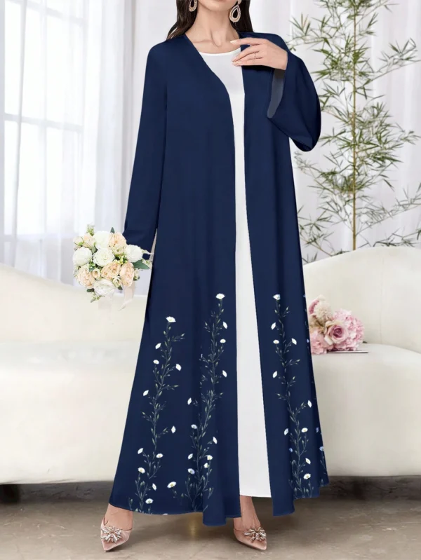 shein najma عباءة أنثوية كاجوال أزرق داكن بأكمام طويلة وطبعات زهرية، ربيع/خريف 7