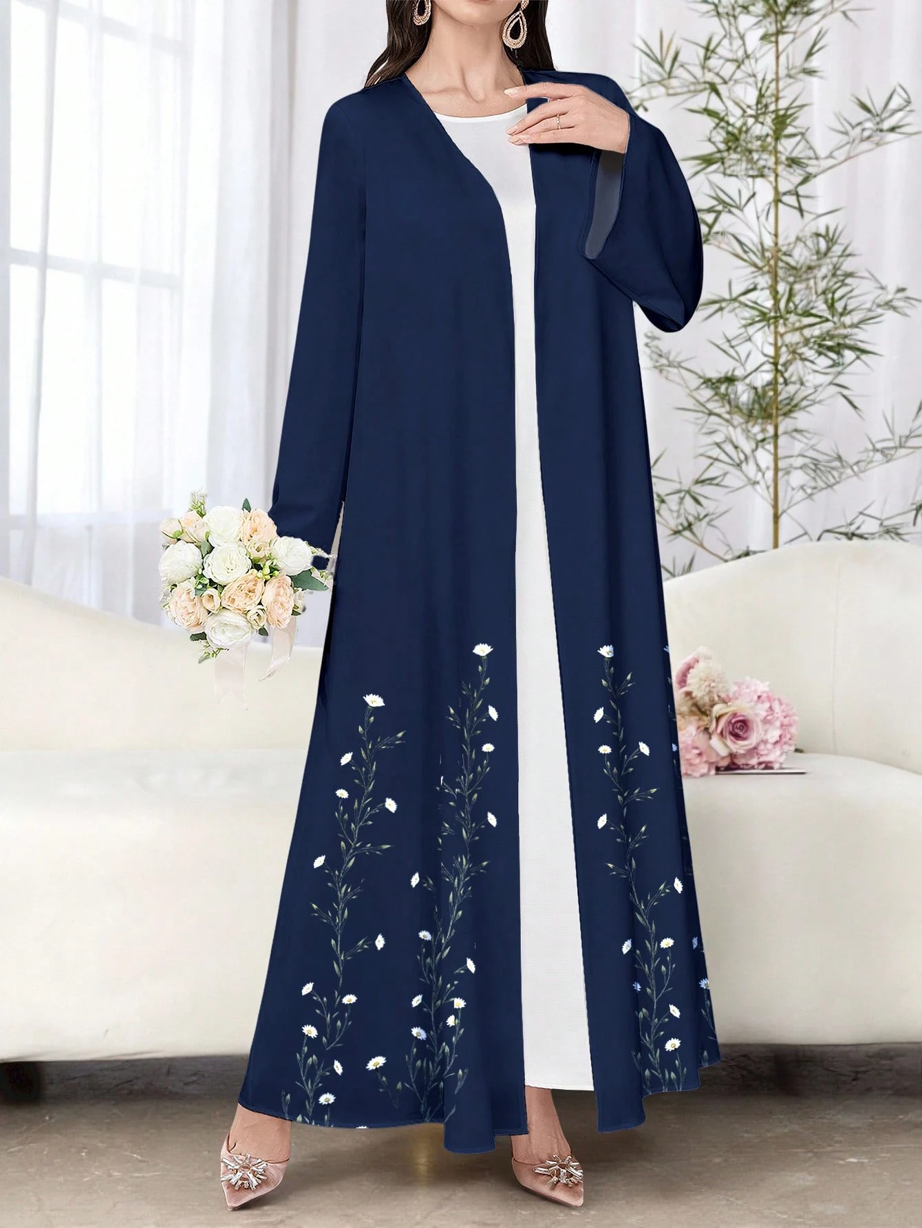 shein najma عباءة أنثوية كاجوال أزرق داكن بأكمام طويلة وطبعات زهرية، ربيع/خريف 7