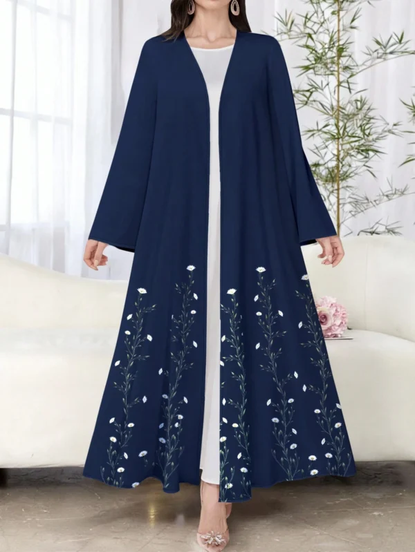 shein najma عباءة أنثوية كاجوال أزرق داكن بأكمام طويلة وطبعات زهرية، ربيع/خريف 8