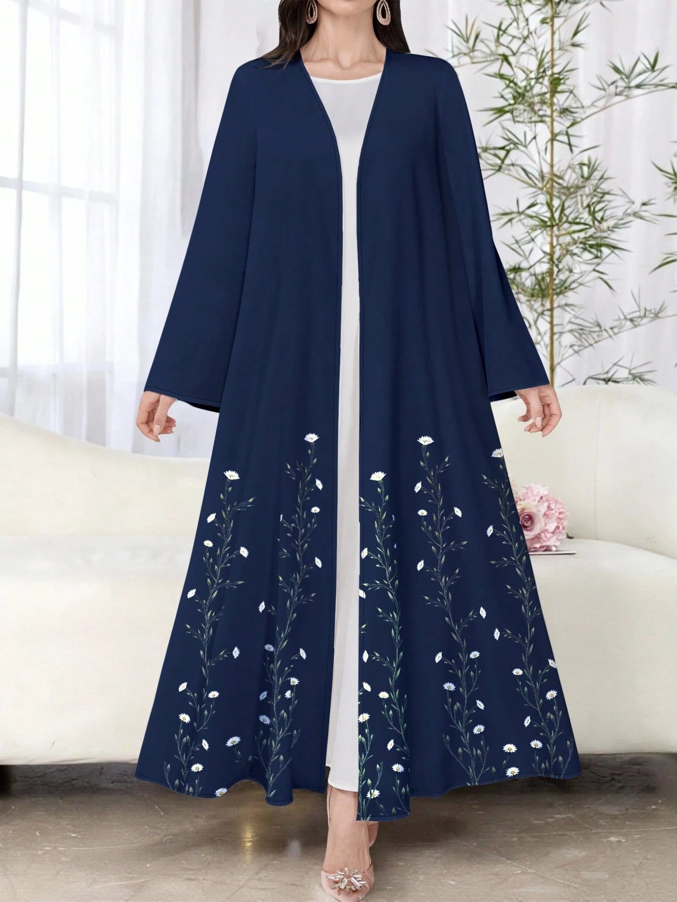shein najma عباءة أنثوية كاجوال أزرق داكن بأكمام طويلة وطبعات زهرية، ربيع/خريف 8