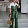 shein طقم تي شيرت بأكمام طويلة وياقة ملتوية وخصر مربوط وبنطال ذو خصر مطاطي وساق واسعة، موضة عطلة مدرسية للمراهقات 4