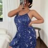 shein قميص نوم قصير كاجوال للنساء مطبوع بنمط الخطوط والنجوم والقمر 4