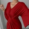 elenzga فستان أنيق متوسط الطول مصمم بتويست وأكمام خفافيش ذات مرونة عالية وياقة على شكل حرف v للنساء 14