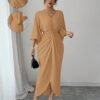 selianne فستان نسائي أنيق محبوك بمرونة عالية بأكمام خفاشية وياقة على شكل حرف v وتصميم ملتوي، متوسط الطول، ناعم، أصفر، صيفي للحفلات 2