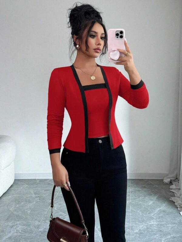 elenzga مجموعة ملابس علوية أكمام طويلة أنيقة مفتوحة الأمام مع ملابس علوية كامي ملون، 2 قطعة للنساء