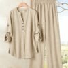 shein lune بدلة كاجوال للنساء تتكون من قميص بياقة على شكل حرف v وأكمام مكسرة، وبنطال ذو ساق واسعة 7