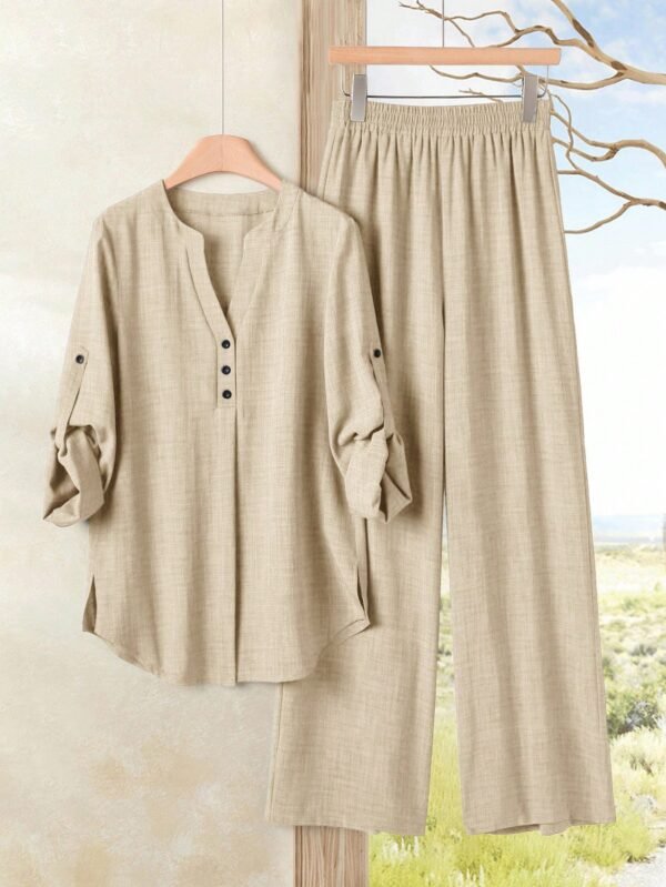 shein lune بدلة كاجوال للنساء تتكون من قميص بياقة على شكل حرف v وأكمام مكسرة، وبنطال ذو ساق واسعة 7